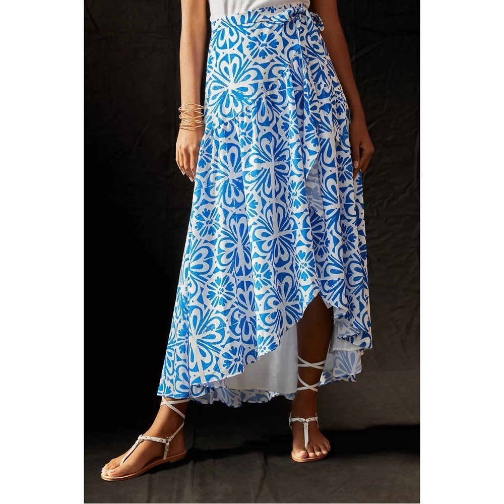 Anthropologie Hutch Blue White Floral Wrap Maxi Skirt High Low Size M NWT